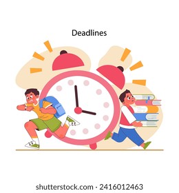 Educational stress concept. Students race against the clock carrying books and backpack. Urgency of looming deadlines in academic setting. Relentless tick of time. Flat vector illustration