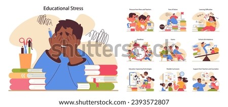 Educational stress set. Overwhelmed students grappling with deadlines, peer pressure, and exams. Balancing study with life, embracing new learning technologies. Flat vector illustration