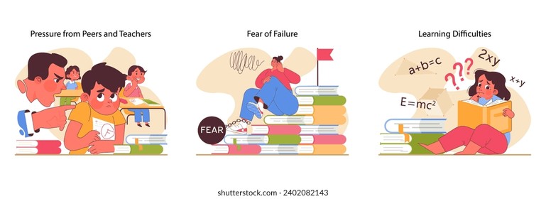 Educational stress set. Students confront academic challenges: peer and teacher pressure, fear of failure, and learning hurdles. Emotionally charged study situations. Flat vector illustration
