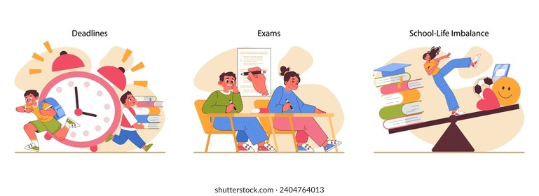 Educational stress set. Students race against deadlines, navigate exam anxieties, and strive for school-life harmony. Time management, nervousness during lessons, struggling with balance. Flat vector