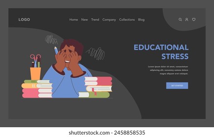Educational stress web or landing. Student feels overwhelmed by academic pressure, embodied in clutter of books. Struggle for knowledge, pressured to do well at school. Flat vector illustration