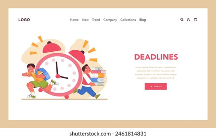 Educational stress web or landing. Students race against the clock carrying books and backpack. Urgency of looming deadlines in academic setting. Relentless tick of time. Flat vector illustration