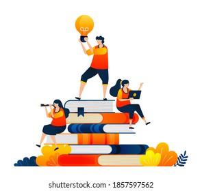 Educational students sitting on pile of books. Ideas in hands of students. Vector illustration concept can be use for landing page, template, ui ux, web, mobile app, poster, banner, website, flyer