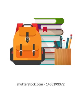 Educational or study stationery stuff vector illustration, flat cartoon backpack or school bag near books pile, pens and pencils, concept of back to school