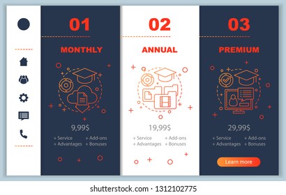 Educational subscription prices onboarding mobile app screens. E-learning. Online education. Walkthrough website pages vector templates. Tariff plan. Membership payment smartphone web page layout