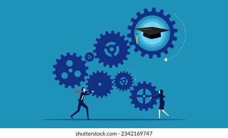 Educational success process. Businessman and woman connected gear mechanism and graduation cap