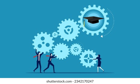Educational success process. Team of businessmen connecting gears and graduation caps
