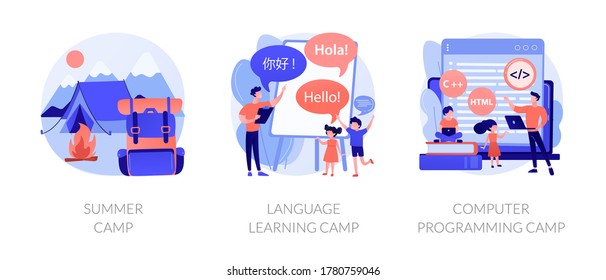 Educational Summertime Activities For Children Metaphors. Summer Camp, Language Learning Class, Computer Programming Course. Kids Vacation. Vector Isolated Concept Metaphor Illustrations.