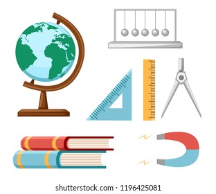 Educational supplies collection. Books, ruler, compass, globe, magnet and Newton's Cradle. Flat vector illustration on white background.