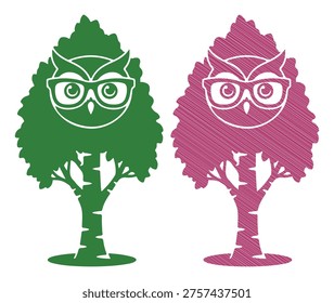 Educational symbol, owl head in foliage, bird with spectacles, nature knowledge concept