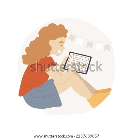 Educational tablet app isolated cartoon vector illustration. Young girl holds tablet and uses educational app, brain games, people mental development, leisure activity vector cartoon.