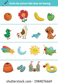 Educational task for children. Circle the picture that does not belong. Vector illustration.