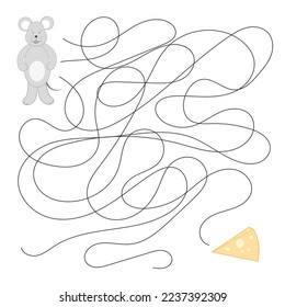 Educational task to help find the way for a mouse to cheese, children's illustration for educational children's books