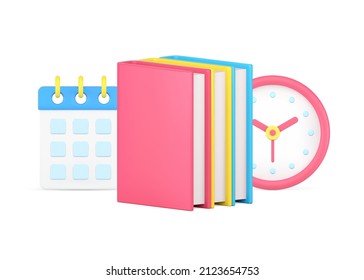 Educational task reading stack of books to deadline schedule data and watch 3d icon isometric vector illustration. Learning literature textbooks preparing to lesson at school university college exam