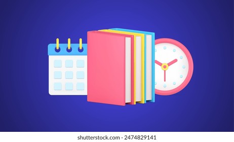 Educational task reading stack of books to deadline schedule data and watch 3d icon isometric vector illustration. Learning literature textbooks preparing to lesson at school university college exam