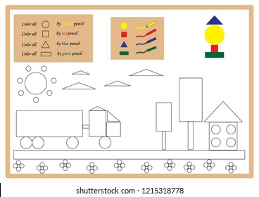Educational tasks for preschoolers and students. Coloring page. Coloring book.Teach colors and geometric shapes (circle, square, rectangle, triangle) by coloring them. Handwriting practice.
