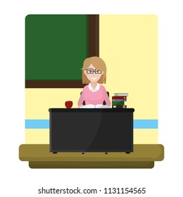 educational teacher with books and apple in her desk