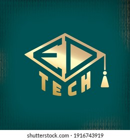 Educational Technologies Inverted Logo Concept with Ed Tech Lettering Combined with Square Academic Graduation Cap Sign - Gold on Turquoise Background - Vector Contrast Graphic Design