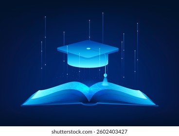 Educational Technology A book with degree cap on top represents modern education that uses technology as a medium for learning to develop rapidly, accessing learning information through global network