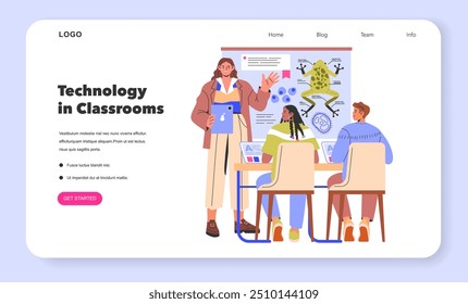 Lerntechnologiekonzept Illustration eines modernen digitalen Klassenzimmers mit Lehrer und Schüler, die Computer verwenden. Digitale Lernwerkzeuge in der Bildung. Vektorgrafik.