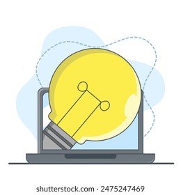 Educational Technology Concept, Laptop With Cartoon Lamp. looking for new idea solutions, laptop doing research work, studying and solving problems. remote work. flat vector illustration.