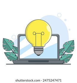Educational Technology Concept, Laptop With Cartoon Lamp. looking for new idea solutions, laptop doing research work, studying and solving problems. remote work. flat vector illustration.