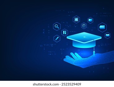 Tecnología educativa, mano que sostiene un casquillo de la graduación con los iconos de la educación, transmitiendo la aplicación de la tecnología en la educación y el desarrollo de las habilidades, convenientes para el aprendizaje y la innovación educativa