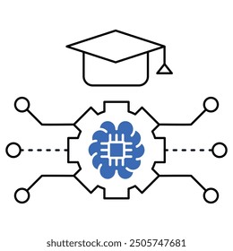 Ikone für Bildungstechnologie mit Abschlusskappe und KI-Chip, die KI-gestütztes Lernen, digitale Bildung und intelligenten Wissensaustausch repräsentieren.