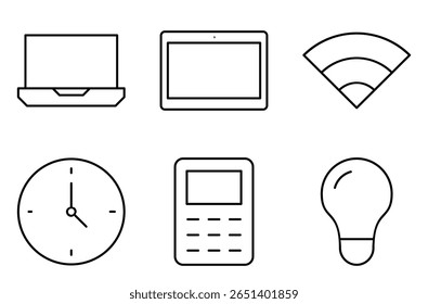 Conjunto de ícones de tecnologia educacional, como notebook, tablet, Wi-Fi, relógio, calculadora e lâmpada