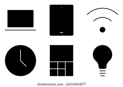 Conjunto de ícones de tecnologia educacional, como notebook, tablet, Wi-Fi, relógio, calculadora e lâmpada