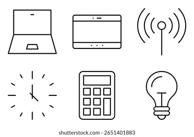 Conjunto de ícones de tecnologia educacional, como notebook, tablet, Wi-Fi, relógio, calculadora e lâmpada