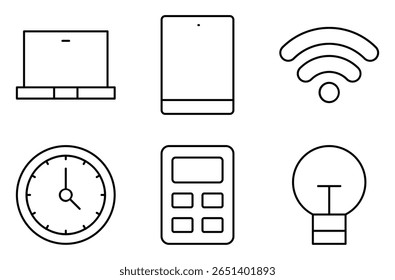 Conjunto de ícones de tecnologia educacional, como notebook, tablet, Wi-Fi, relógio, calculadora e lâmpada