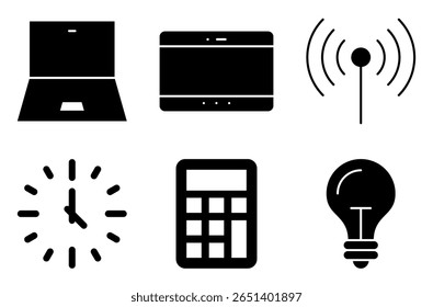 Conjunto de ícones de tecnologia educacional, como notebook, tablet, Wi-Fi, relógio, calculadora e lâmpada