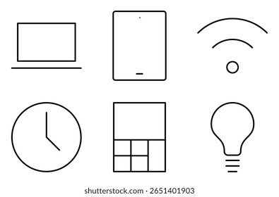 Conjunto de ícones de tecnologia educacional, como notebook, tablet, Wi-Fi, relógio, calculadora e lâmpada