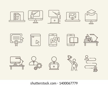 Educational technology line icon set. Computer, online class, lection. Webinar concept. Can be used for topics like distant education, development, e-learning