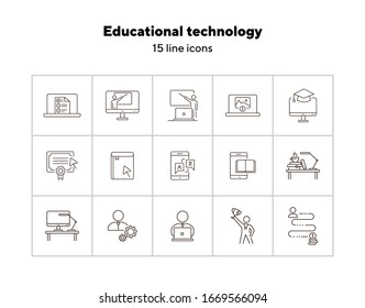 Educational technology line icon set. Computer, online class, lection. Webinar concept. Can be used for topics like distant education, development, e-learning