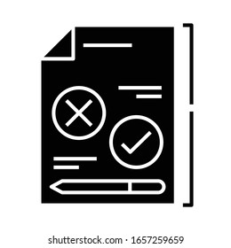 Icono negro de prueba educativa, ilustración conceptual, símbolo plano vectorial, signo de glifo.