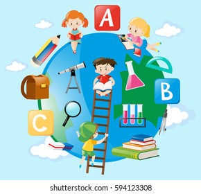 Tema educativo con ilustraciones de niños en la Tierra