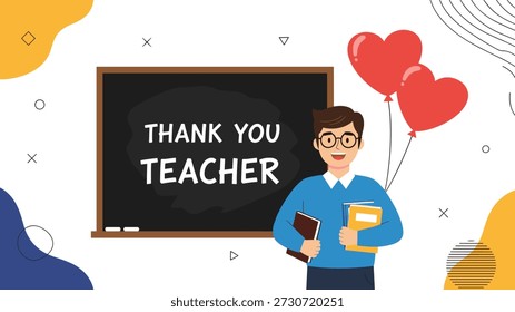 Educational themed illustration featuring a friendly male teacher in glasses holding books in front of a blackboard with the text Thank You Teacher.