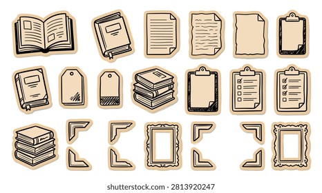 Educational themed sticker collection featuring various book shapes paper documents clipboards and ornate picture frames. Hand drawn stationery icons for school projects library branding office organization and vintage journaling supplies with classic sepia paper background tone.