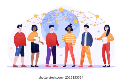 Educational theoretical knowledge of sociology concept with diverse multiracial multiethnic people. Sociology as human behavior study or society cognition. Flat cartoon vector illustration