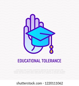 Educational tolerance thin line icon: graduation cap in hand. Modern vector illustration.