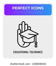Icono de línea delgada de tolerancia educativa: gorra de graduación en mano. Ilustración vectorial moderna.