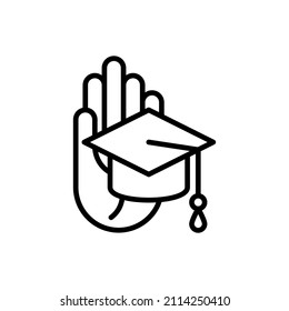 Educational tolerance thin line icon: graduation cap in hand. Modern vector illustration.