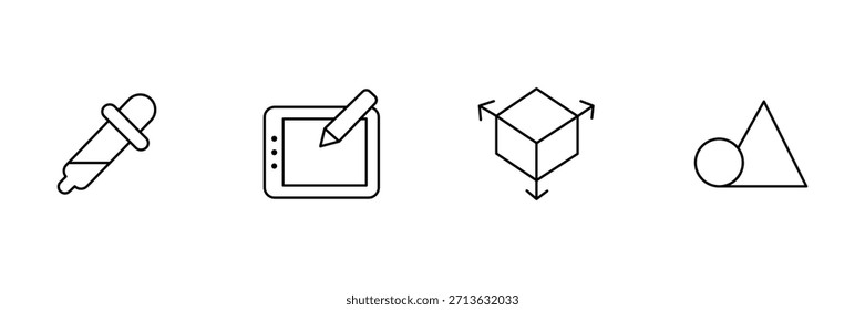 Conjunto de iconos de herramientas educativas, selector de cuentagotas de color, tableta de dibujo digital, transformada de flechas de cubo 3d, ilustración de contorno de triángulo de círculo de Formas geométricas.