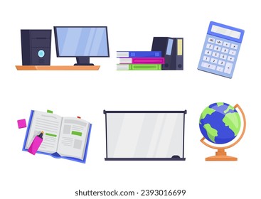 Educational tools and learning resources vector illustration. Computer, globe, projection screen, folders, book, calculator. Education concept
