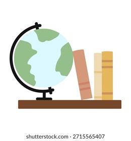 Las herramientas educativas presentes en un escritorio incluyen un globo terráqueo y libros dispuestos para fines de estudio y aprendizaje