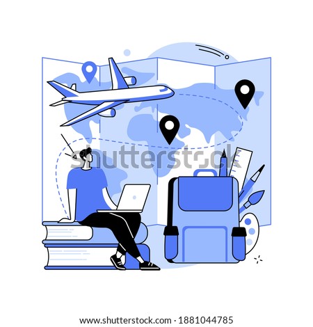 Vector Educational tourism abstract concept vector illustration. International edu tourism, education abroad, entertaining studying, exchange student, vacation, group in airport abstract metaphor.