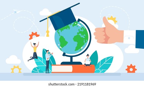 Educational tourism. Distance education. A globe with an academic cap stands on a book. Globalization of education. Happy tiny characters are learning remotely. Flat style. Vector illustration.