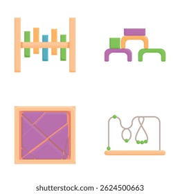 Educational toy icons set cartoon vector. Ecological wooden toy for children. Logical entertainment